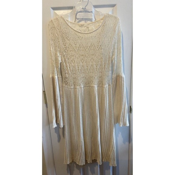 Floreat Dress Womens Medium Petite Ivory Lace Bell Sleeve Pleated Knit Midi - Picture 2 of 15